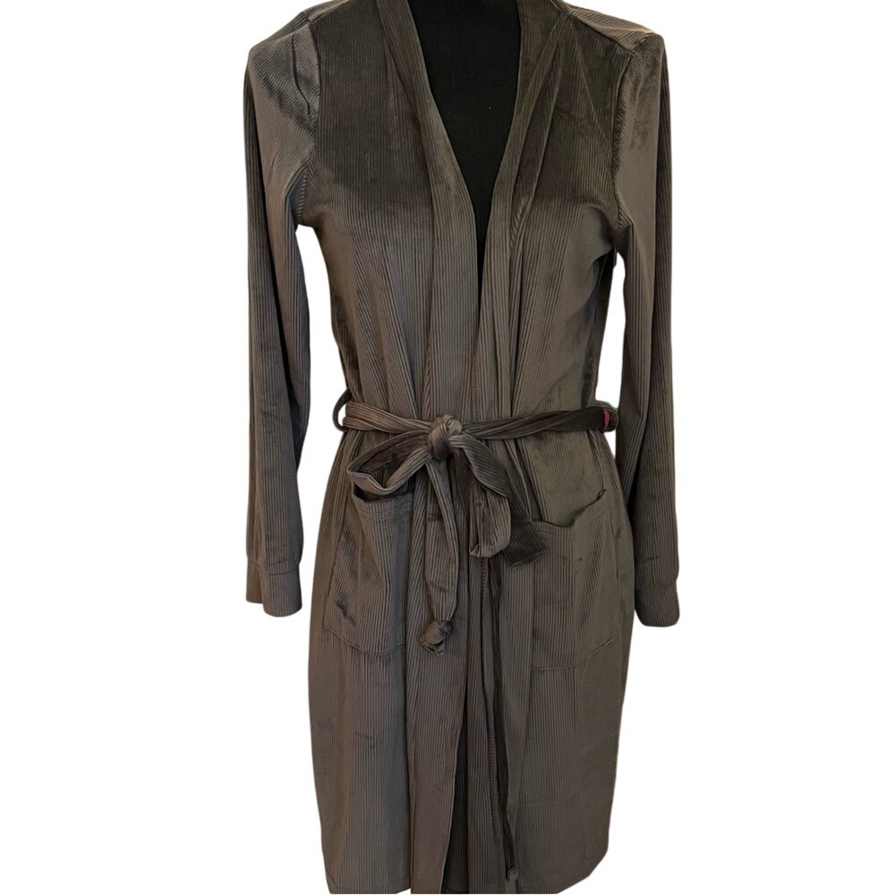 Juicy Couture Womens Grey Ribbed Velour Rhinestone Logo Tie Waist Robe Size M